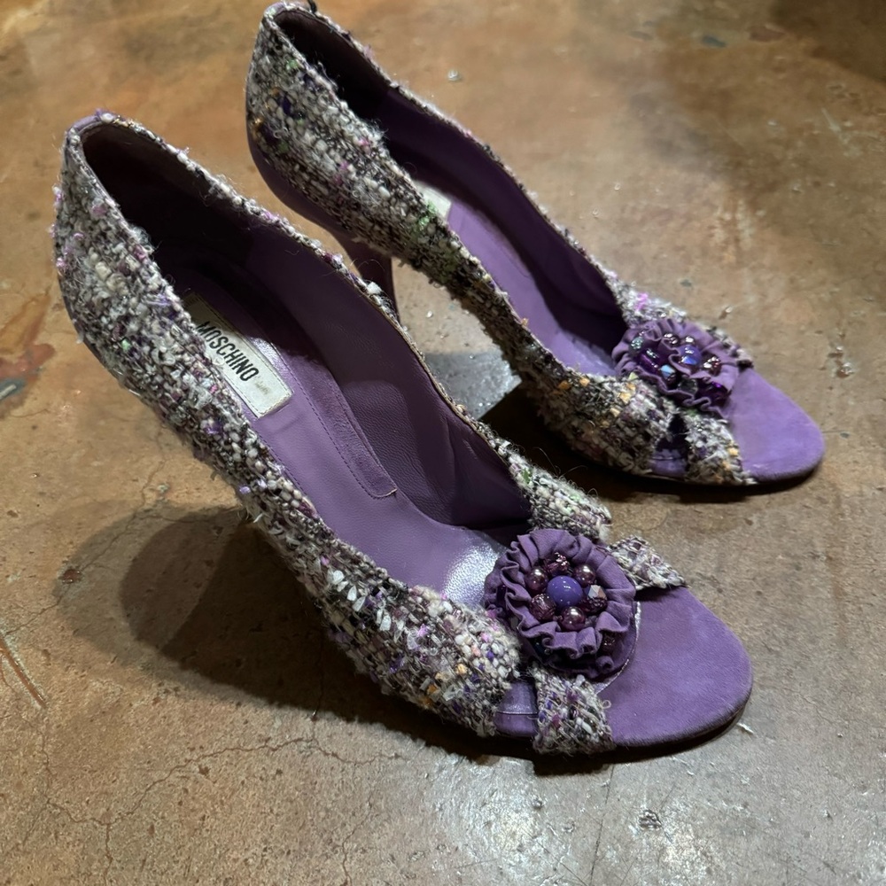 Vintage 90s Moschino purple tweed peep toe kitten heels IT 40